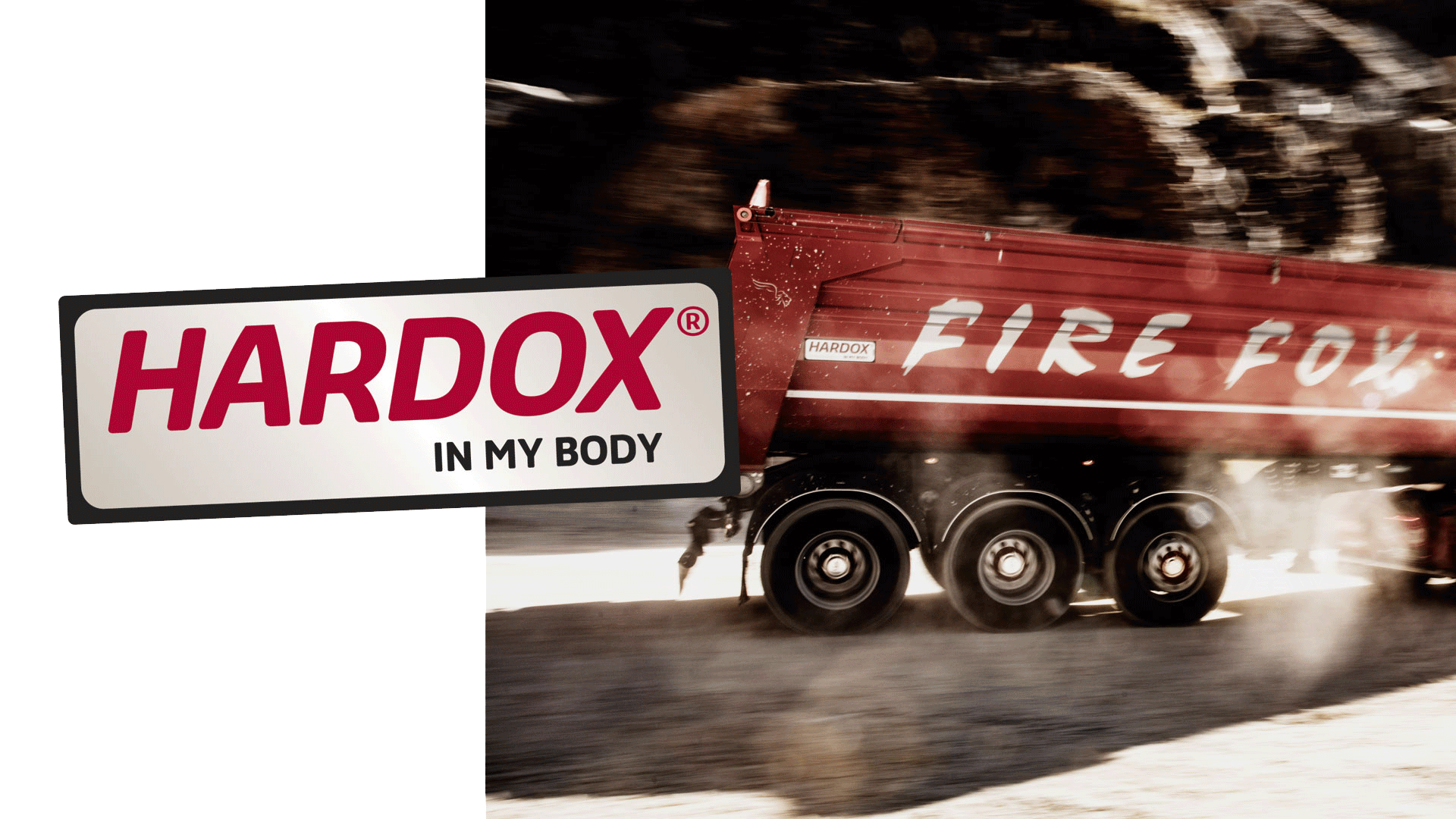 ตัวถังรถบรรทุก Firefox สีแดงเพลิง ทำจากแผ่นเหล็กกันสึก Hardox®