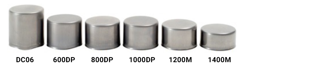 drawn cups made from a range of very soft to ultra-high strength steels