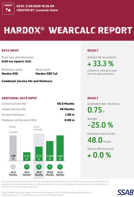 Una captura de pantalla de la aplicación Hardox WearCalc, que ayuda a las empresas a calcular los posibles ahorros, las mejoras en la vida útil y las reducciones de peso cuando se utiliza el acero antidesgaste Hardox®.