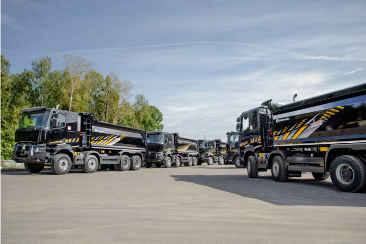 A fleet of rigid dump trucks made in hard and tough Hardox 450 wear steel
