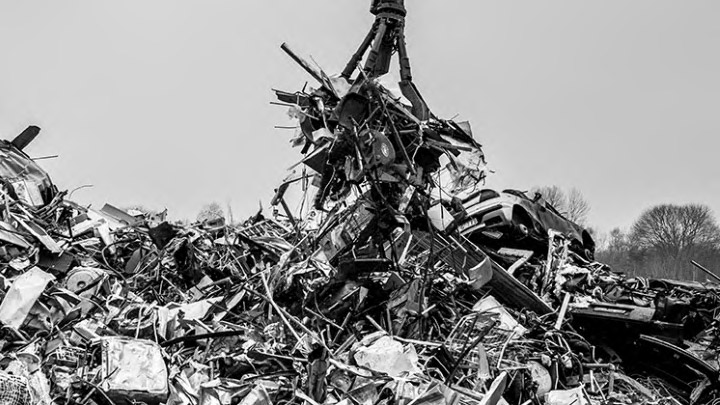 A scrap yard, with demolition and recycling attachments made in Hardox® wear plate