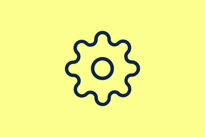 A cog wheel icon representing FEM, CAD and DEM simulations.